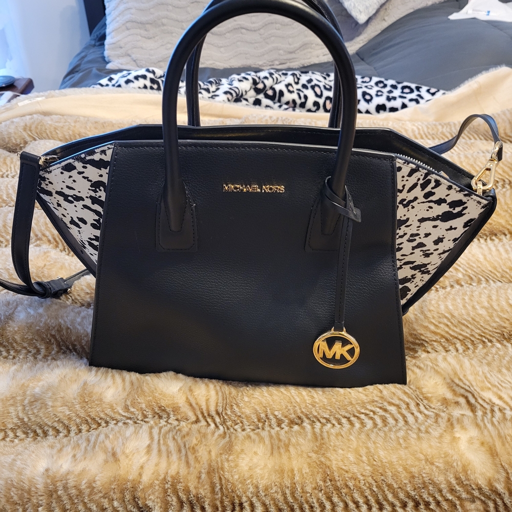 Michael Kors Black and White Satchel with Gold Accents